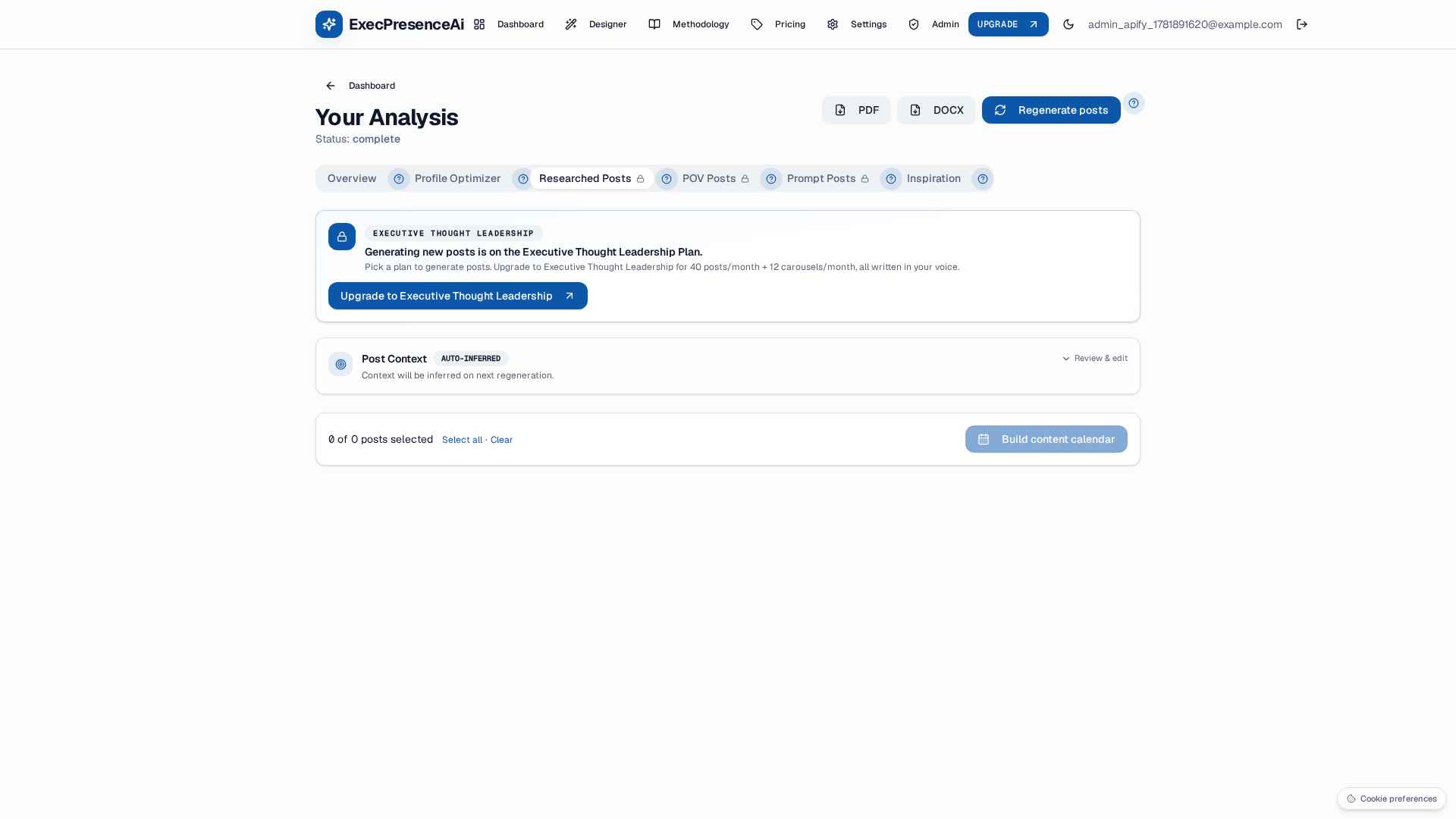 Researched Posts panel inside ExecPresenceAi